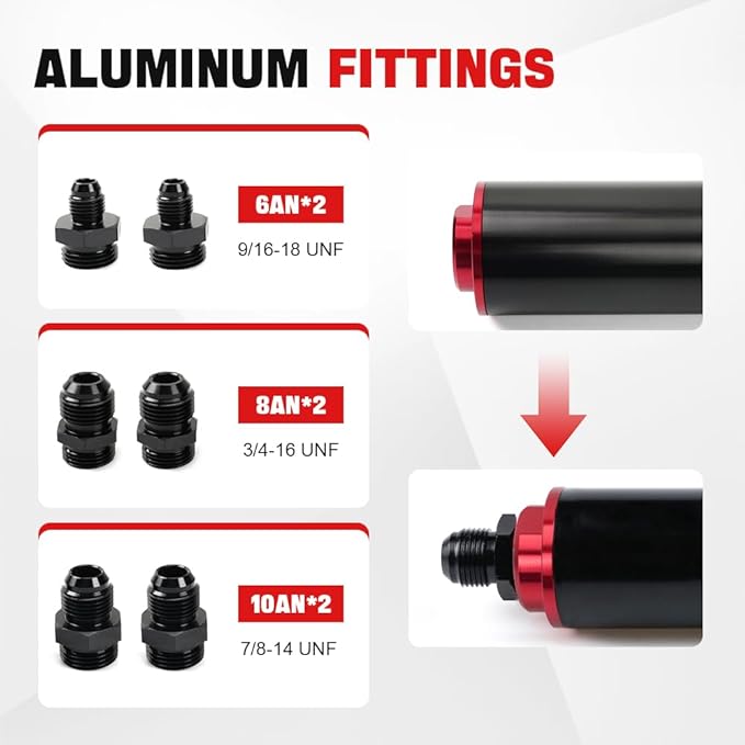 BARTOO 100 Micron Inline Fuel Filter with 6AN 8AN 10AN Adapter and 50MM Mounting Bracket For Filtering Gasoline, Diesel, E85(Red)