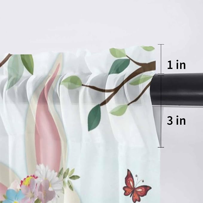 Easter Sheer Valances for Windows 42"x18", Light Filtering Kitchen Curtains Valance, Spring Watercolor Bunny Eggs Tulip Flower Plant Rod Pocket Chiffon Curtains for Living Room Bedroom Cafe