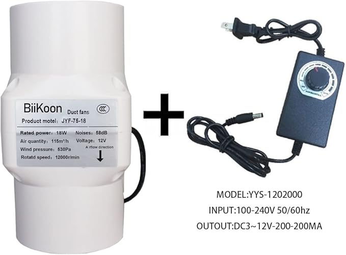 Inline Duct Fan 3 Inch 12V HVAC Exhaust Intake Fans Plastic Low Noise Basement Ventilation Blower for Vents Grow Tents Hydroponic (Color : Adjustable Speed, Size : 18w)