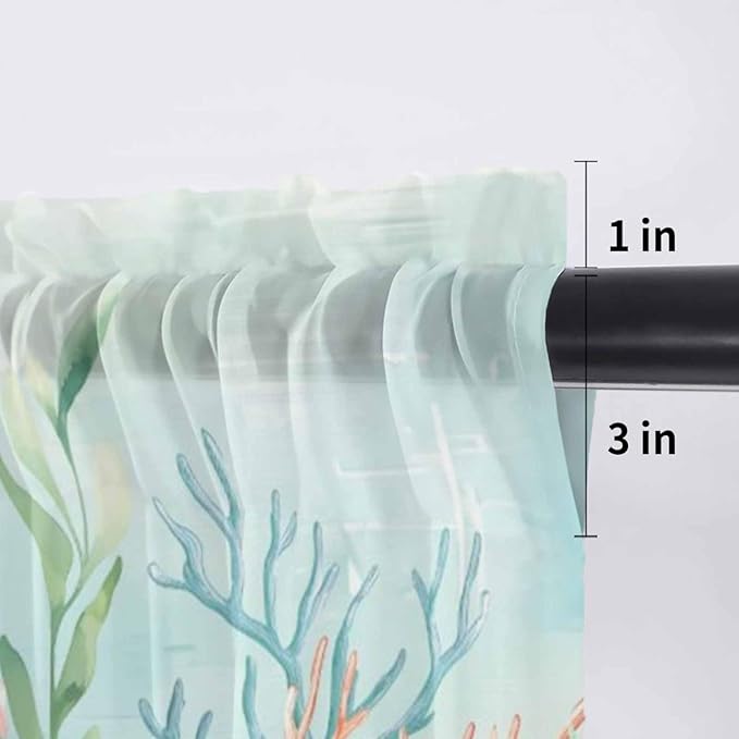 Summer Beach Sheer Valance Curtains, Green Ocean Colorful Coral Shell Seaweed Starfish Light Filtering Kitchen Valances Rod Pocket Voile Curtain Treatment for Bedroom/Living Room/Basement 54Wx18L