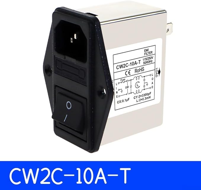 IEC Power Filter, Inlet Power Socket, IEC Socket Power Filter with Built-in Fuse and Rocker Switch, Noise Suppression, Compatible with CW2C-3A-T/CW2B-6A-T/CW2B-10A-T (CW2C-6A-T)