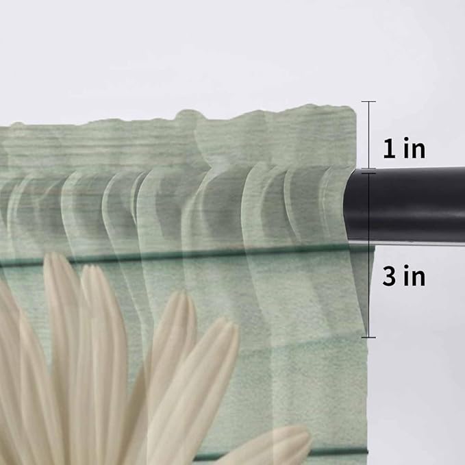 Daisy Flower Sheer Valances for Windows 54"x18", Light Filtering Kitchen Curtains Valance, Modern Art Floral Farmhouse Teal Wooden Grain Rod Pocket Chiffon Curtains for Living Room Bedroom Cafe