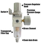 1/4" NPT Air Filter Pressure Regulator Combo Water Separator for Air Compressor Line Semi-Auto Drain 5 Micron Brass Element 0-150 psi Gauge