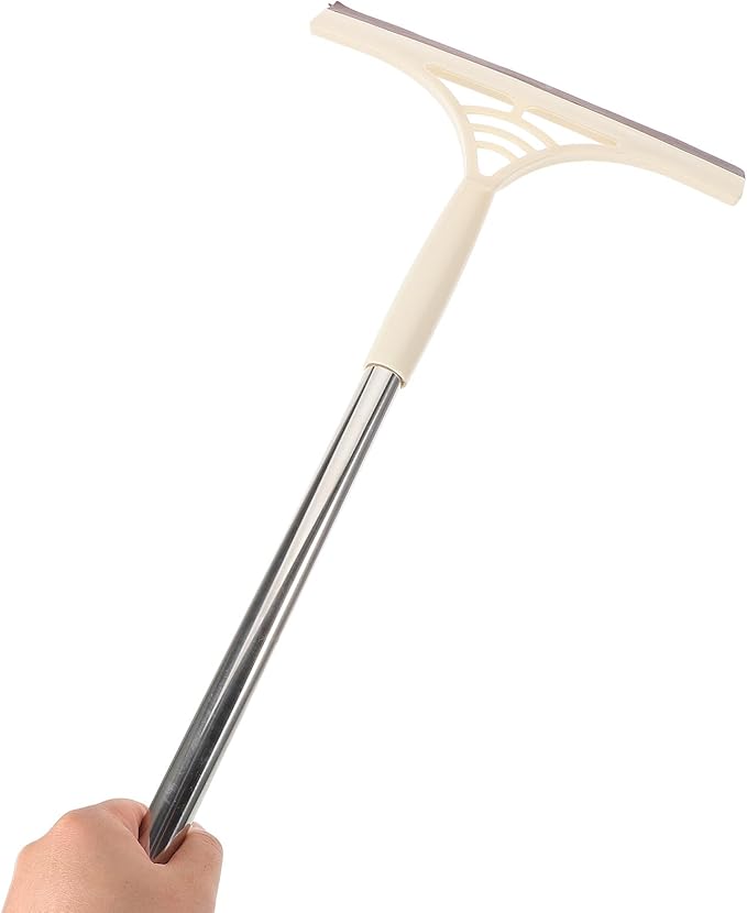 Toyvian Multi-Functional Glass Squeegee with Scrubber, Dry and Wet Use Window Cleaner Tool for Tiles and Car Windows, Khaki Household Extendable Shower Squeegee for Bathroom and Kitchen