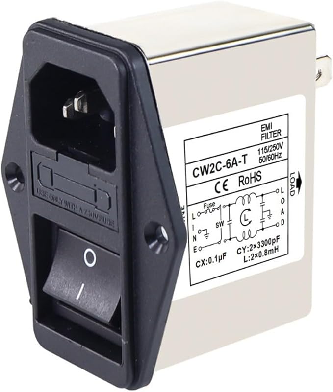 IEC Power Filter, Inlet Power Socket, IEC Socket Power Filter with Built-in Fuse and Rocker Switch, Noise Suppression, Compatible with CW2C-3A-T/CW2B-6A-T/CW2B-10A-T (CW2C-6A-T)