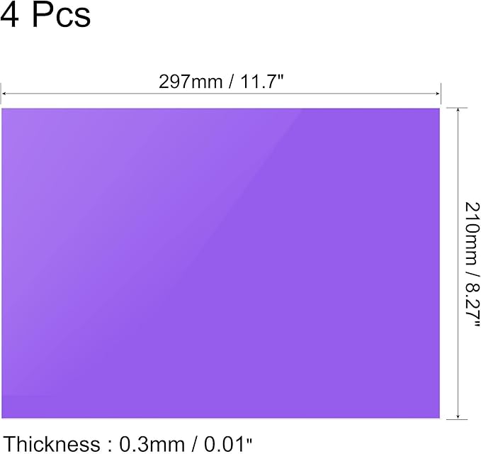 uxcell 4Pcs A4 Gel Light Lighting Filter Overlay Transparent Color Correction Plastic Vinyl PVC Sheets Photography Television Purple,0.3mm