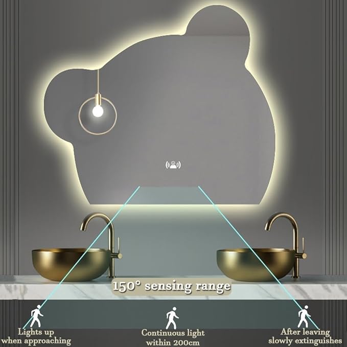 LTSRLL LED Vanity Mirror Cute Bear Decorative Mirror for Bathroom & Dressing Tabler Backlight Wall Mirror with 3 Color Dimmable Light Demister Pad Human Body Sensor Switch(Cut Down,60cmx75cm)