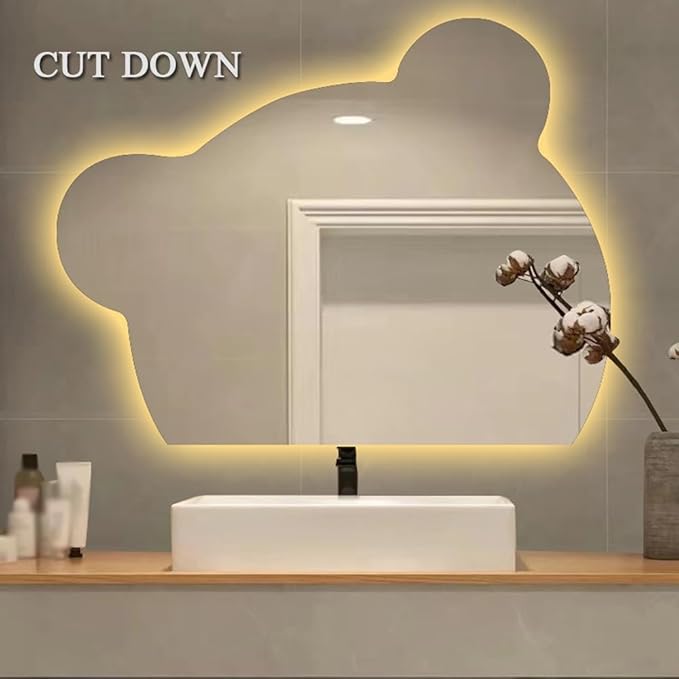 LTSRLL LED Vanity Mirror Cute Bear Decorative Mirror for Bathroom & Dressing Tabler Backlight Wall Mirror with 3 Color Dimmable Light Demister Pad Human Body Sensor Switch(Cut Down,80cmx95cm)