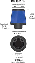 K&N High-Flow Original Lifetime Universal Clamp-On Air Filter: Performance, Premium, Washable: Flange Diameter: 4 In, Filter Height: 5.5 In, Flange Length: 1.125 In, Shape: Round Tapered, RG-1001BL