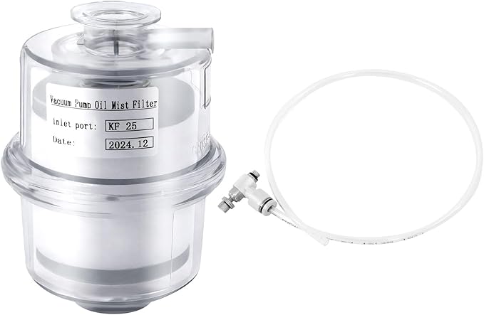 Oil Mist Filter, KF25 Vacuum Pump Exhaust Filter, 95% Efficiency Oil Mist Separator, Clear PC Body, Glass Fiber Element, 1.6" Port, 15.75" Drain Pipe, for CNC, Lab, Industrial, Compact 4.1"×5.6"