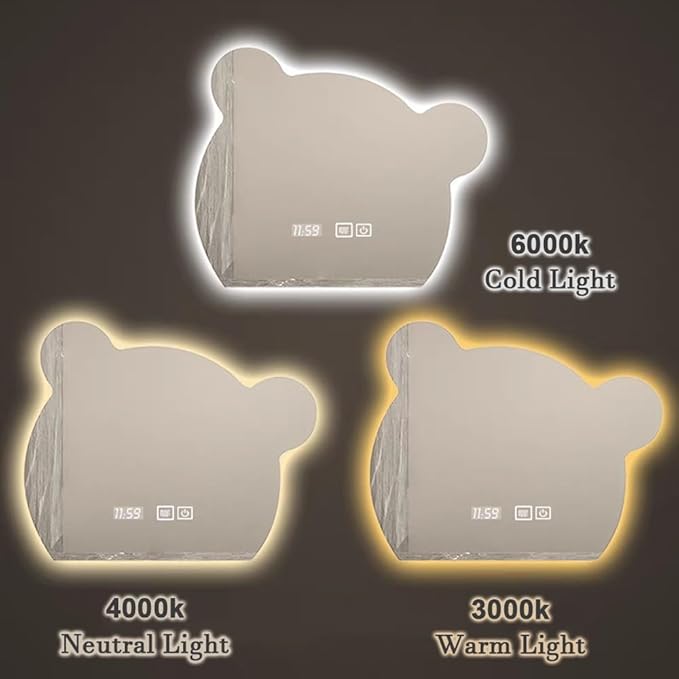 LTSRLL LED Vanity Mirror Cute Bear Decorative Mirror for Bathroom & Dressing Tabler Backlight Wall Mirror with 3 Color Dimmable Light Demister Pad Human Body Sensor Switch(Cut Right,80cmx95cm)