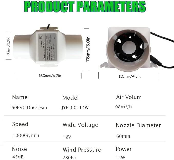 14W 2.3Inches Duct Inline Fan 60mm Mini Intake Fume Extractor Low Noise 57CFM Air Circulation Vent Blower for Fan Filter Grow Tent Ceiling Wall (Color : Not Adjustable Speed)