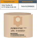 POWERTEC Shop Vacuum Bags 3PK for Fein 913048K01, 69908195016 Vacuum Bag, Replacement Filter Bags for Fein Turbo III 9-77-25, 9-88-35 Wet/Dry Vac Dust Collection Bags, Shop Vacuum Accessories for Fein