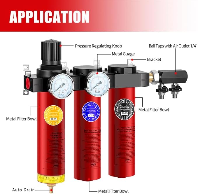 NANPU Z Series 3-Stage Air Filtration System - Sintered, Fine, & Charcoal Filters, 1/2" NPT Inlet, 1/4" NPT Outlet Module, 0-230 psi Gauge, 127 CFM @ 6 bar, Metal Housing, Auto Drain