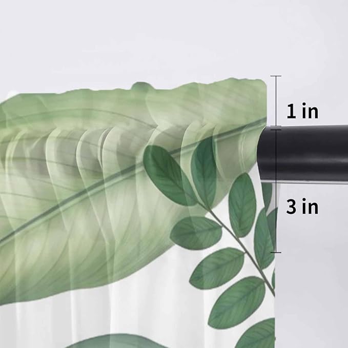 Summer Palm Leaf Sheer Valance Curtains, Green Tropical Plants Nature Leaves Modern Light Filtering Kitchen Valances Rod Pocket Voile Curtain Window Treatment for Bedroom/Living Room/Basement 60Wx18L