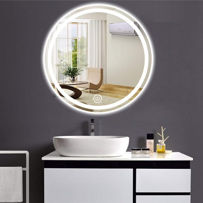 Round Waterproof LED Bathroom Wall Makeup Mirrors with White Light Sensor Touch Control and Demister Pad (Color : with Frame Size : 70cm) (Without Frame 60cm)
