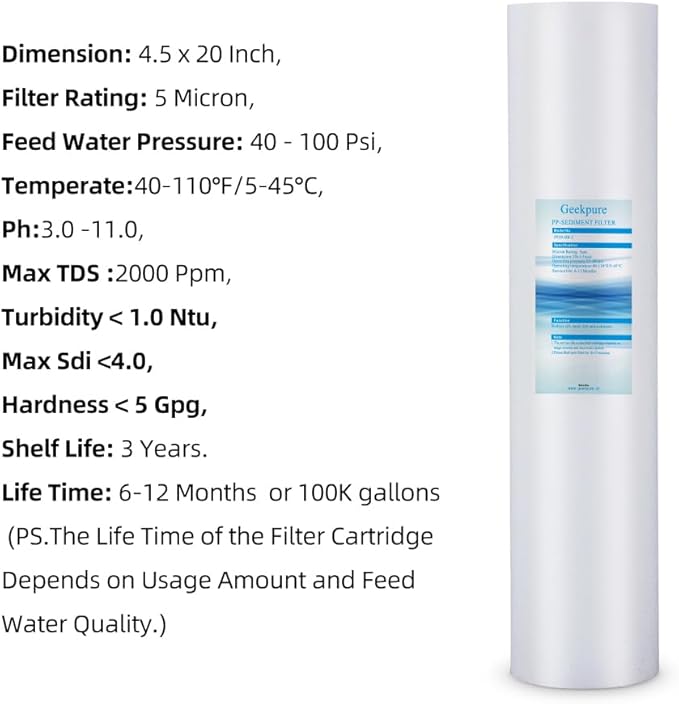 Geekpure 20-Inch Whole House Polypropylene PP Sediment Replacement Filters-4.5" x 20"-5 Micron-Pack of 4