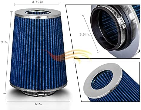 BLUE 3.5" 89 mm Inlet Truck Air Cone Replacement Performance Washable Clamp-On Dry Air Filter (8" Tall)