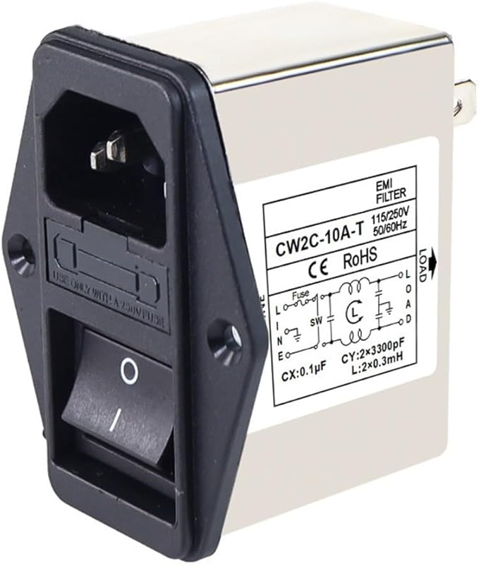 IEC Power Filter, Inlet Power Socket, IEC Socket Power Filter with Built-in Fuse and Rocker Switch, Noise Suppression, Compatible with CW2C-3A-T/CW2B-6A-T/CW2B-10A-T (CW2C-10A-T)