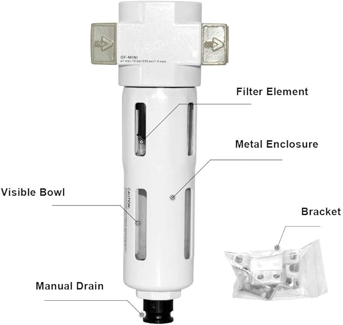 Beduan 3/8" Air in-line Compressed Particulate Filter,Moisture Water Trap Filter With Visible Bowl,Semi-Auto Drain(MINI)