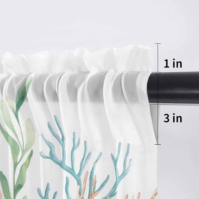 Summer Beach Sheer Valance Curtains, Ocean Colorful Coral Shell Seaweed Starfish Light Filtering Kitchen Valances Rod Pocket Voile Curtain Window Treatment for Bedroom/Living Room/Basement 54Wx18L