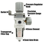 1/2" NPT Air Filter Pressure Regulator Combo Water Separator for Air Compressor Line Semi-Auto Drain 5 Micron Brass Element 0-150 psi Gauge