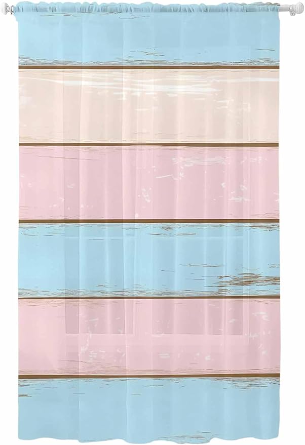 Sheer Curtains 96 Inches Long, Pink Blue Wood Grain Semi Sheer Curtains Light Filtering Window Treatment, Farmhouse Country Shabby Striped Privacy Voile Drapes for Living Room Bedroom 52x96 Inch
