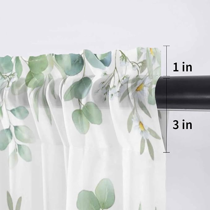 Eucalyptus Leaves Daisy Sheer Valance Curtains, Summer Farmhouses Flower Light Filtering Kitchen Valances Rod Pocket Voile Curtain Window Treatment for Bedroom/Living Room/Basement 60Wx18L