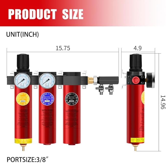 NANPU Z Series 3-Stage Air Filtration System - Sintered, Fine, & Charcoal Filters, 3/8" NPT Inlet, 1/4" NPT Outlet Module, 0-230 psi Gauge, 127 CFM @ 6 bar, Metal Housing, Auto Drain