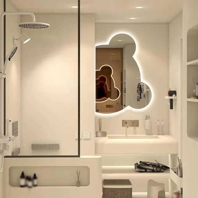 LTSRLL LED Vanity Mirror Cute Bear Decorative Mirror for Bathroom & Dressing Tabler Backlight Wall Mirror with 3 Color Dimmable Light Demister Pad Human Body Sensor Switch(Cut Down,80cmx95cm)