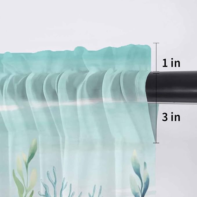 Summer Beach Sheer Valance Curtains, Green Ocean Colorful Coral Shell Seaweed Starfish Sandy Light Filtering Kitchen Valances Rod Pocket Voile Curtain for Bedroom/Living Room/Basement 42Wx18L