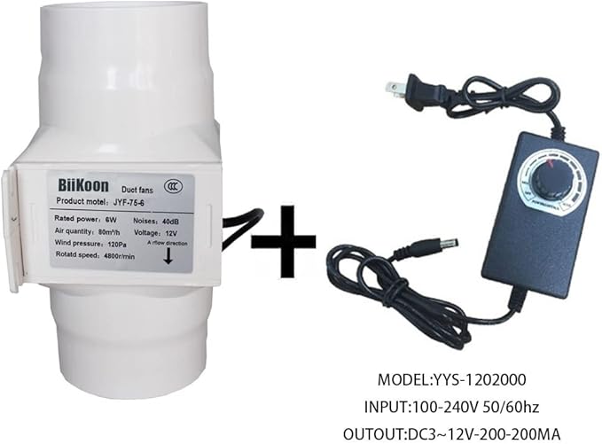 Inline Duct Fans 3 Inch 12V Extractor Fan 6W 47Cfm Plastic Variable Vent Blower Workshop Dust Fume Air Extractor Fan for Carbon Filter (Color : Adjustable Speed, Size : 6w)