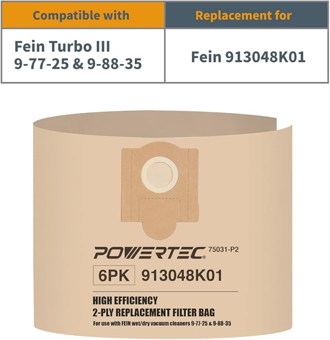 POWERTEC Shop Vacuum Bags 6PK Replacement Filter Bags for Fein Turbo III Wet/Dry Vac Dust Collection Shop Vacuum Accessories