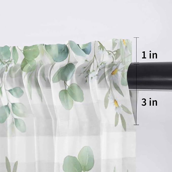 Eucalyptus Leaves Daisy Sheer Valance Curtains, Summer Farmhouses Gray Plaid Light Filtering Kitchen Valances Rod Pocket Voile Curtain Window Treatment for Bedroom/Living Room/Basement 54Wx18L