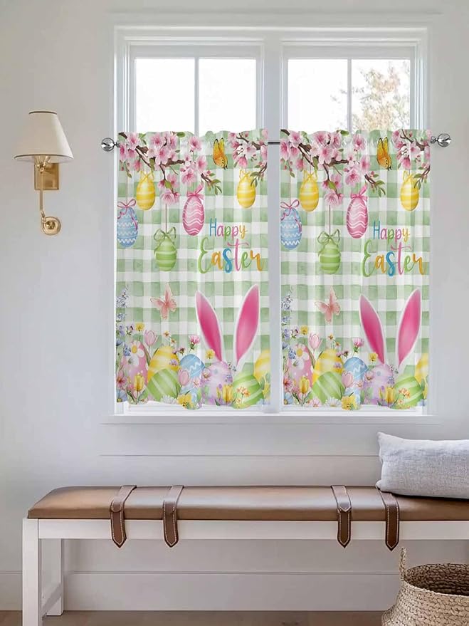 Happy Easter Kitchen Curtains 45 Inches length, Spring Bunny Eggs Flower Sage Green Plaid Window Treatment Curtain Drapes, Lightweight Window Panels for Living Room Bedroom, 52"x45", 2 Panels