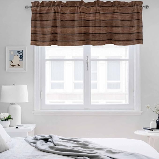 2 Pack Kitchen Valance for Windows, Farm Brown Wood Board Light Filtering Rod Pocket Valances Short Curtain, Vintage Farmhouses Barn Window Curtain for Bedroom Bathroom Living Room 54x18in