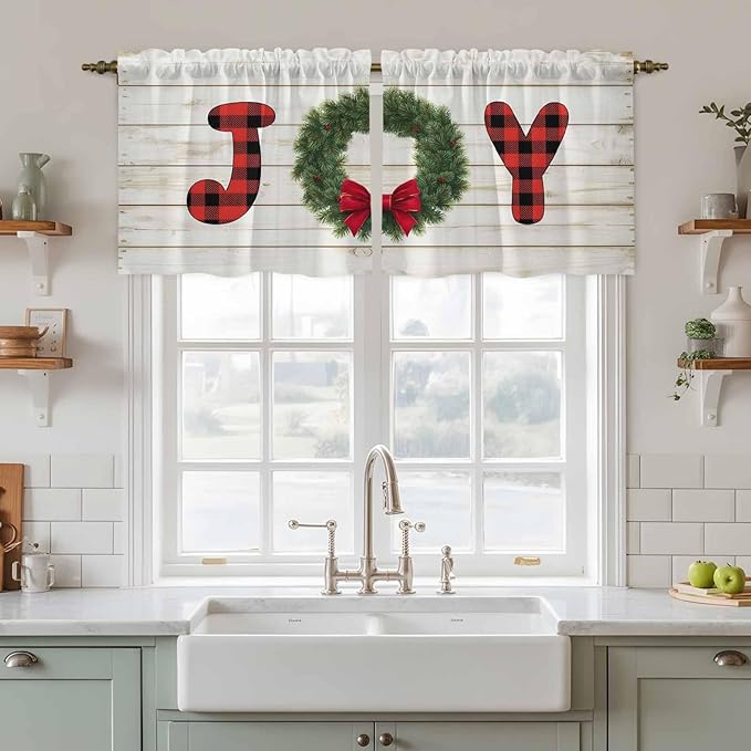 Christmas Wreaths Kitchen Tier Curtains 24 Inch Long 2 Panel Set,Rod Pocket Cafe Small Window Curtains Over Sink,Winter Bow Plaid Farmhouse Wooden Grain Short Drapes for Bathroom Cabinet 27.5"W x 24"L