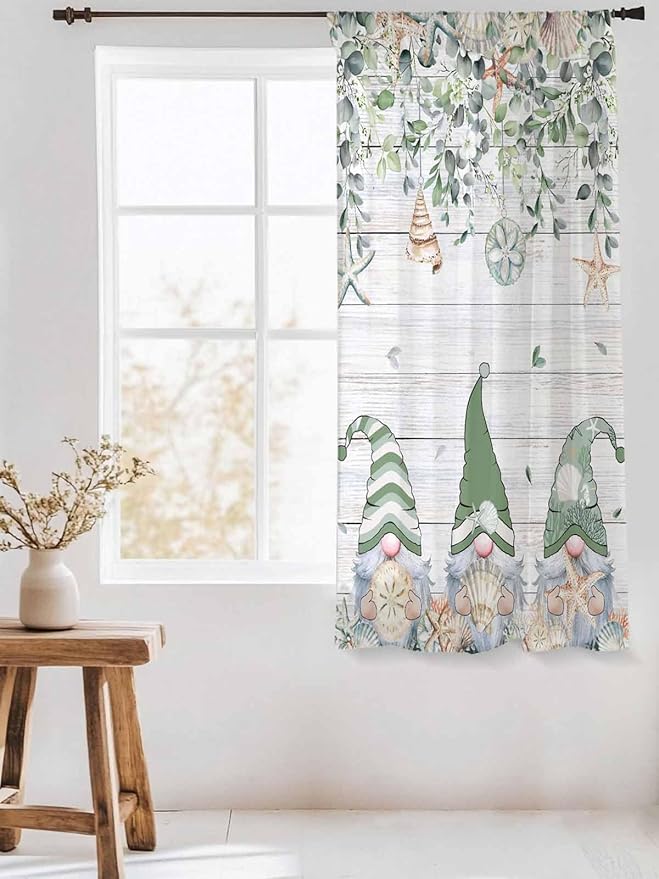 Sheer Curtains 63 Inch Length, Coastal Eucalyptus Leaf Semi Sheer Curtains Light Filtering Window Treatment, Sage Green Gnomes Starfish Privacy Voile Drapes for Living Room Bedroom 52x63 Inch