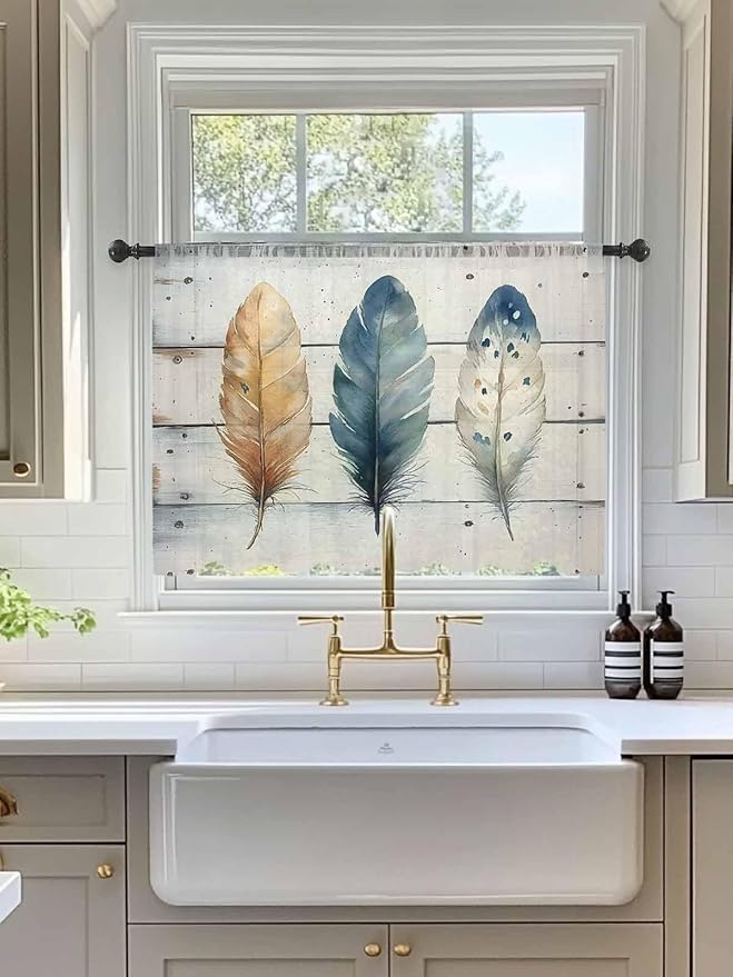 Sheer Curtains 54 Inch Length, Boho Blue Feathers Semi Sheer Curtains Light Filtering Window Treatment, Country Vintage Wooden Grain Privacy Voile Drapes for Living Room Bedroom 52x54 Inch