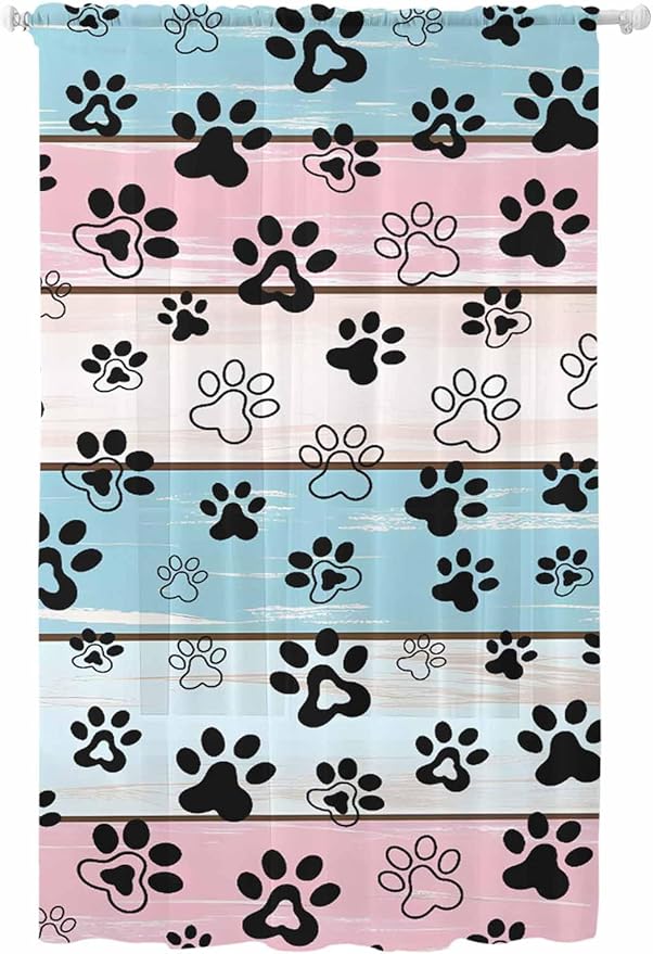Sheer Curtains 108 Inches Long, Blue Pink Dog Paws Prints Semi Sheer Curtains Light Filtering Window Treatment, Farmhouse Beige Wood Privacy Voile Drapes for Living Room Bedroom 52x108 Inch