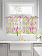 Happy Easter Half Window Curtain 36 Inches Long, Spring Bunny Colorful Eggs Flower Plaid Window Treatment Curtain Drapes, Small Tier Curtains for Bathroom Over Sink, 27.5"x36", 2 Panels