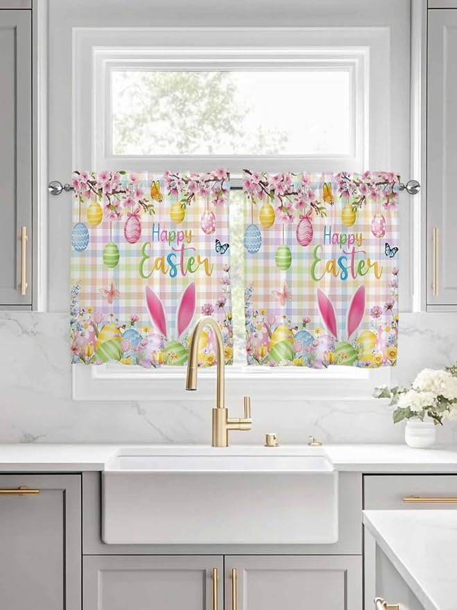 Happy Easter Half Window Curtain 36 Inches Long, Spring Bunny Colorful Eggs Flower Plaid Window Treatment Curtain Drapes, Small Tier Curtains for Bathroom Over Sink, 27.5"x36", 2 Panels