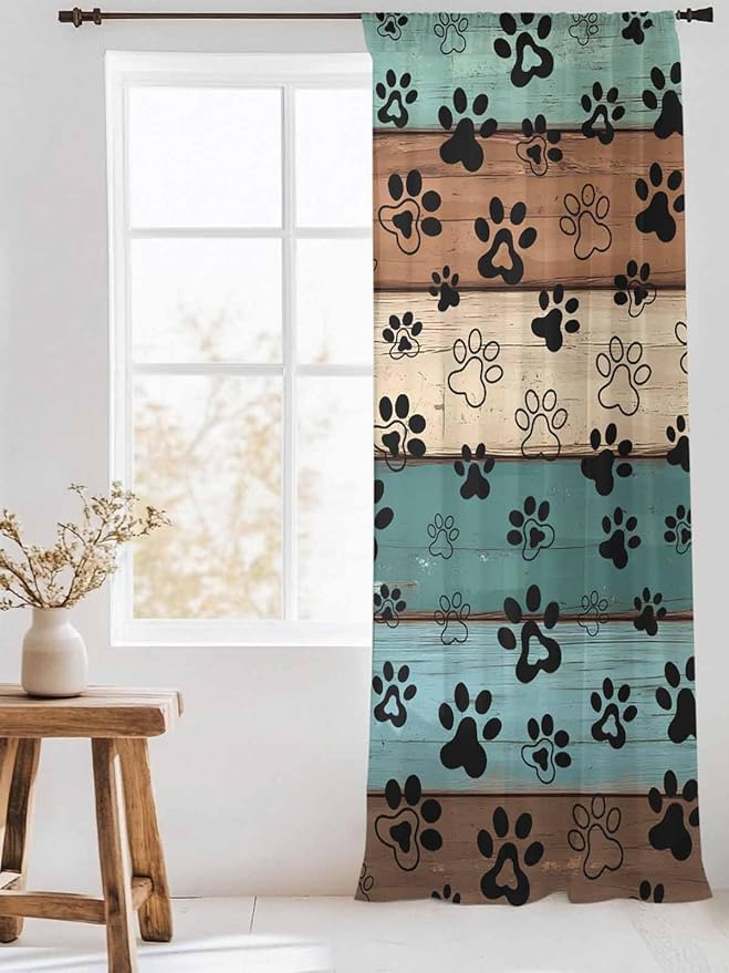 Sheer Curtains 108 Inches Long, Green Brown Paw Print Semi Sheer Curtains Light Filtering Window Treatment, Vintage Farmhouse Country Wooden Grain Privacy Voile Drapes for Living Room 52x108 Inch