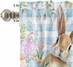 Kitchen Curtains Tiers and Valance Set of 3, Easter Light Filtering Window Curtain Set, Spring Rabbit Eggs Seasonal Flowers Blue Lattice Rod Pocket Curtain Drapes for Living Room, 24 Inches Tiers