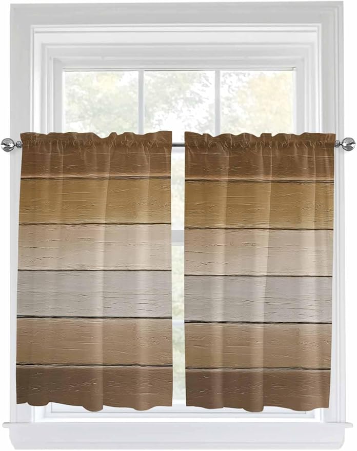 Vintage Brown Gradient Wood Grain Window Valance Curtains, Farmhouse Wood Barn Light Filtering Kitchen Valance with 3-inch Rod Pocket for Living Room Bathroom Bedroom,2 Panel,42x45In