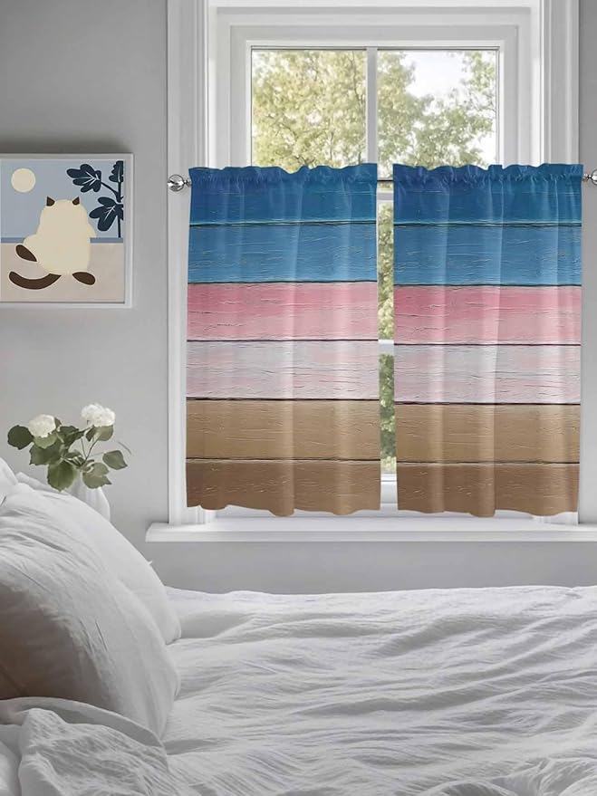 Blue Pink Brown Gradient Wood Grain Window Valance Curtains, Vintage Wood Board Light Filtering Kitchen Valance with 3-inch Rod Pocket for Living Room Bathroom Bedroom,2 Panel,27.5x45In