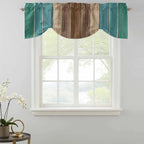 Teal Blue Brown Tie Up Valance Curtains for Windows, Kitchen Curtains Window Shades, Farmhouse Retro Wooden Grain Stripes Light Filtering Roman Curtain Valances for Bedroom/Bathroom/Cafe 42"x12"