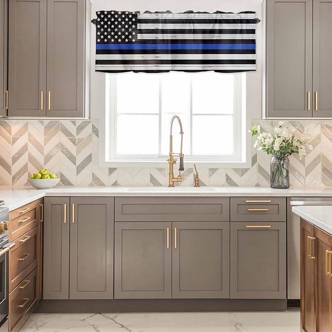 American Flag Valances for Windows, Blue Line Star Black White Stripes Wood Grain Kitchen Valance Light Filtering Rod Pocket Short Curtains for Kitchen Bathroom, 1 Panel, 60"x18"