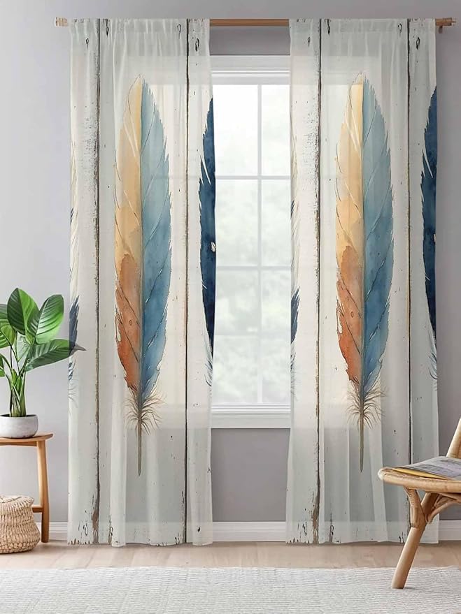 Sheer Curtains 84 Inches Long, Blue Brown Feathers Semi Sheer Curtains Light Filtering Window Treatment, Boho Ombre Vintage Wooden Grain Privacy Voile Drapes for Living Room Bedroom 52x84 Inch