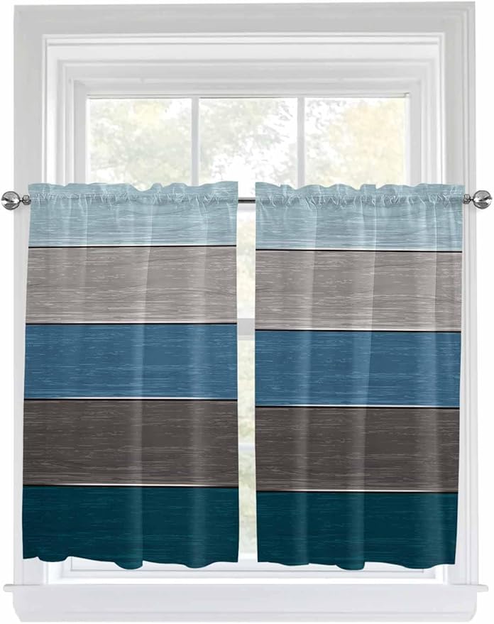 Retro Farm Blue Gray Wood Grain Window Valance Curtains, Rustic Wooden Plank Light Filtering Kitchen Valance with 3-inch Rod Pocket for Living Room Bathroom Bedroom,2 Panel,52x45In